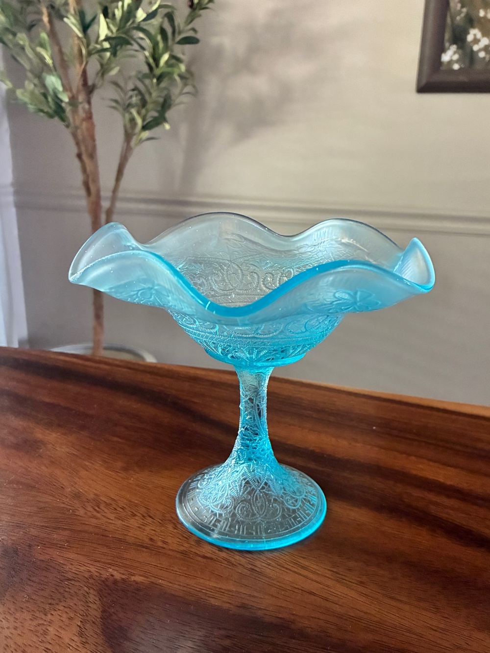 Northwood Carnival Glass Compote Hearts and Flowers Pattern Ice Blue Opalescent